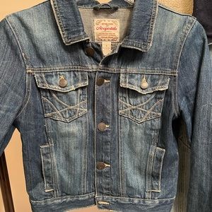 Adorable closer fit lighter weight slight distressed denim jacket fits xs best